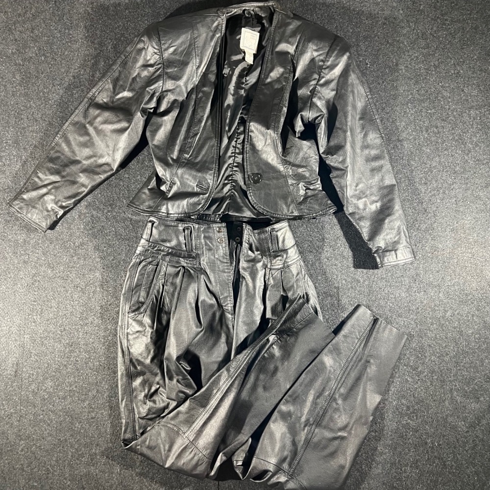 Terra Luna Leather Suit Set Womens M/7 Black Vintage 80s Jacket Pleated Pants